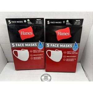 2 Hanes 100% Cotton Fabric Face Mask Reusable White (5 PACK) NEW